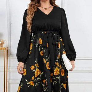 Melo Apparel Plus Size Floral Print Tie Belt V-Neck Balloon Sleeve Midi Dress